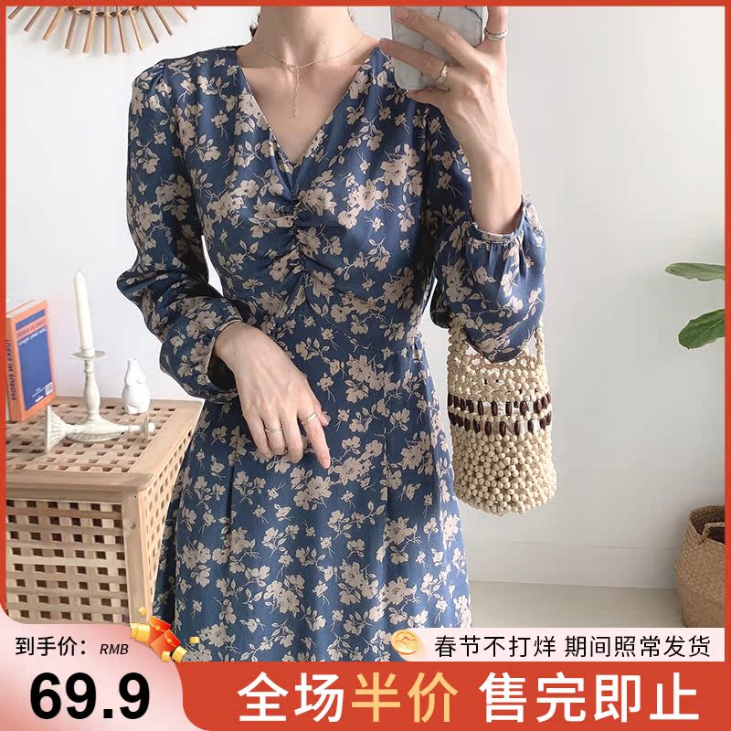 Spring-style women's clothing 2022 New wave summer clothing tea break-style snow-spinning crushed floral ocean dress for spring and autumn sweet and long dress