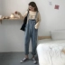 2018 ulzzang mới phiên bản Hàn Quốc của quần jeans ống rộng eo cao nữ mùa hè jumpsuit bình thường quần short rách Quần jean