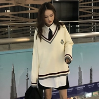 Bộ đồ thời trang nữ phiên bản Hàn Quốc bf áo len cổ lọ sinh viên mới hoang dã + áo sơ mi sọc cà vạt hoang dã đầu thu áo len gile nữ