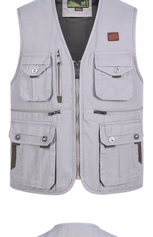 Ngoài trời chụp ảnh giải trí vest vải cotton trung niên phóng viên vest vai câu cá nhiều túi kích thước lớn vest lỏng áo khoác ghi lê nam