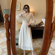 MAJE DVAWN white lace inner long skirt female 2022 Super Fairy Sen series small fragrance tea break dress