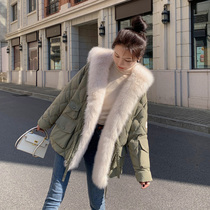 MAJE DVAWN2022 new navy collar oversized fox fur collar down jacket womens mid-length party overcoat
