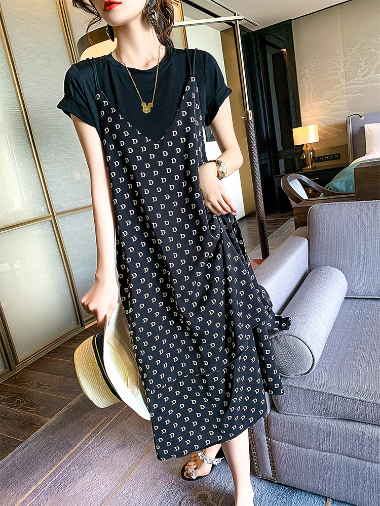 MAJE DVAWN fashion large size dress women's 2022 summer new high-end floral suspenders two-piece set