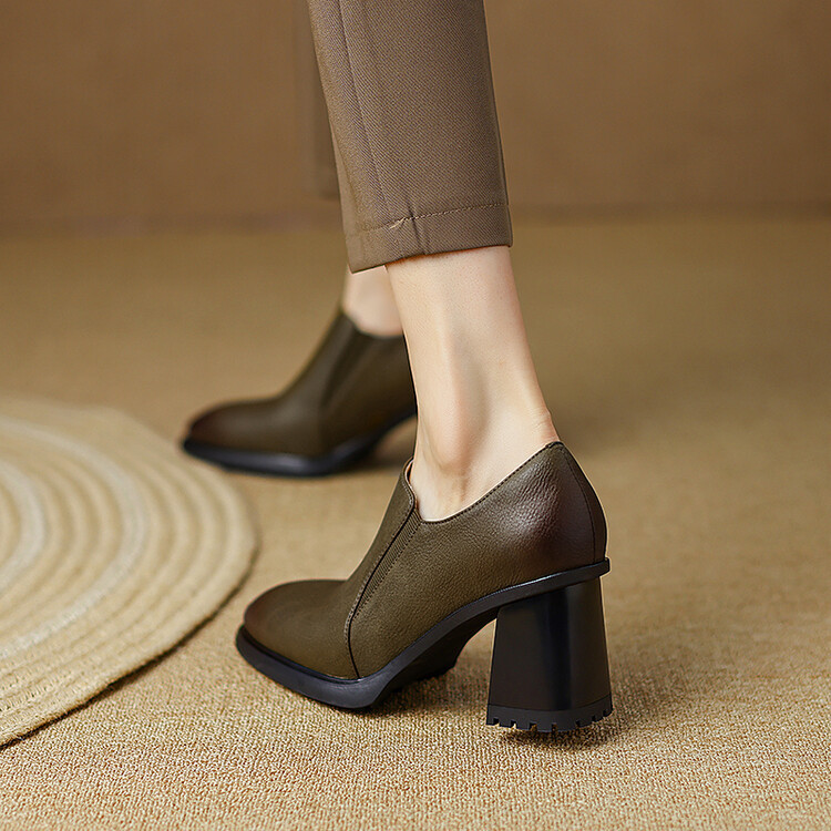 Deep-Cut Single Shoes for Women, Fleece-Lined High Heels, Chunky Heel, Genuine Leather, Pointed Toe, Green, Size 33, French Retro Ankle Boots, Short Boots Deep-Cut Single Shoes for Women, Fleece-Lined High Heels, Chunky Heel, Genuine Leather, Pointed Toe, Green, Size 33, French Retro Ankle Boots, Short Boots