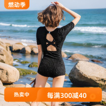 lulu cozy new swimsuit womens boxer one-piece high-end slimming hot spring high-end swimsuit black solid color