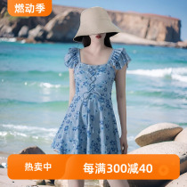 lulu cozy shows off youth and beauty: denim blue swimsuit with fairy-like design that covers belly and makes women look slimmer