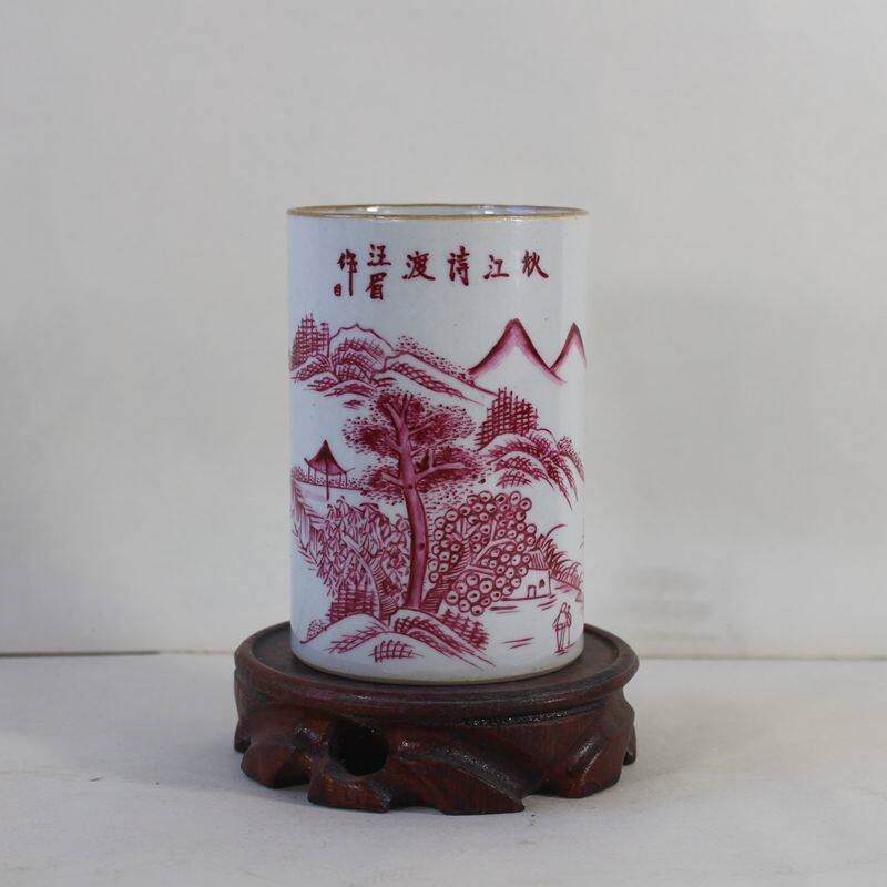 Jingdezhen antique porcelain Hand-painted Cultural Revolution Factory goods agate red landscape pen holder Stationery supplies home ornaments