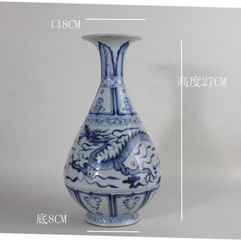 Jingdezhen antique porcelain hand-painted yuan blue flower single dragon pattern jade pot spring vase Antique simulation jade pot spring vase