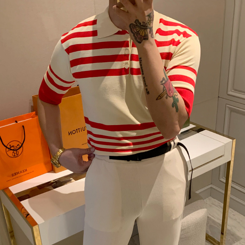 Polo shirt men's summer British half-sleeved tops T-shirt new stripe color block thin men's lapel short sleeve t-shirt
