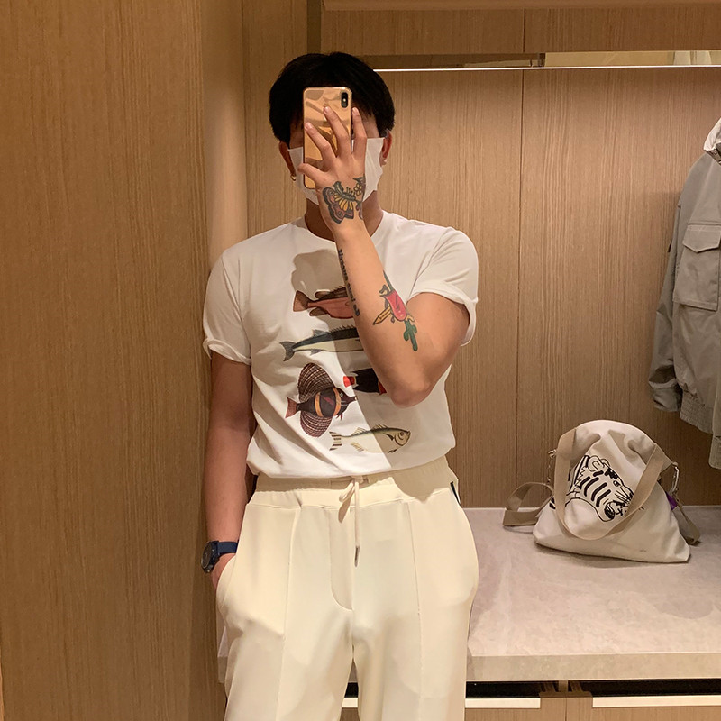 Brother summer men designer style tee half sleeves Korea popular round-collar personality printing trend short sleeves