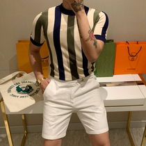 BROTHER Summer Mens Vertical Striped Ice Silk Short Sleeve Korean Popular Slim Cotton Knitted Half Sleeve Tide