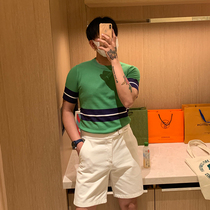 BROTHER Summer Mens Personality Patchy Ice Silk Short Sleeve Youth Popular Korean Fashion Knitted T-shirt Tide 2021