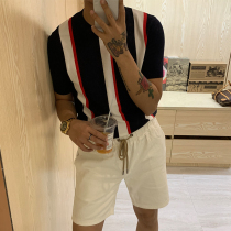 BROTHER Summer Mens Color Patchwork Collar Neck Ice Silk Short Sleeve Korean Designer Contrast Color Stripe Top Tide