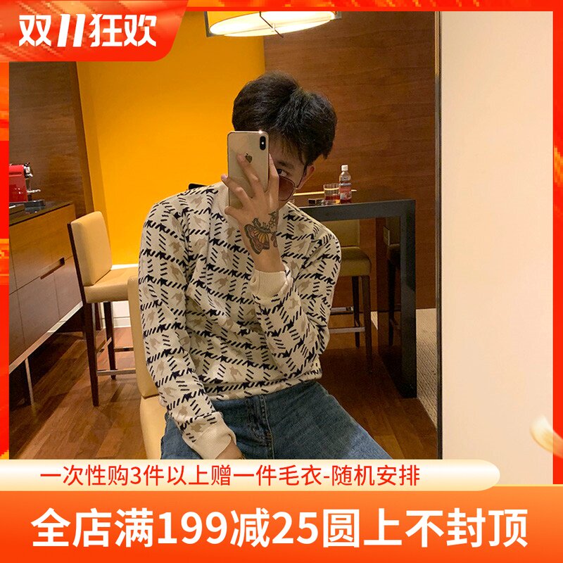 BROTHER autumn and winter men's bat Jacquard knitted thread clothes European and American designer fashion round neck sweater men's tide