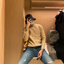 BROTHER winter retro personality fake two sweater men Korean trend slim half high neck cardigan coat men