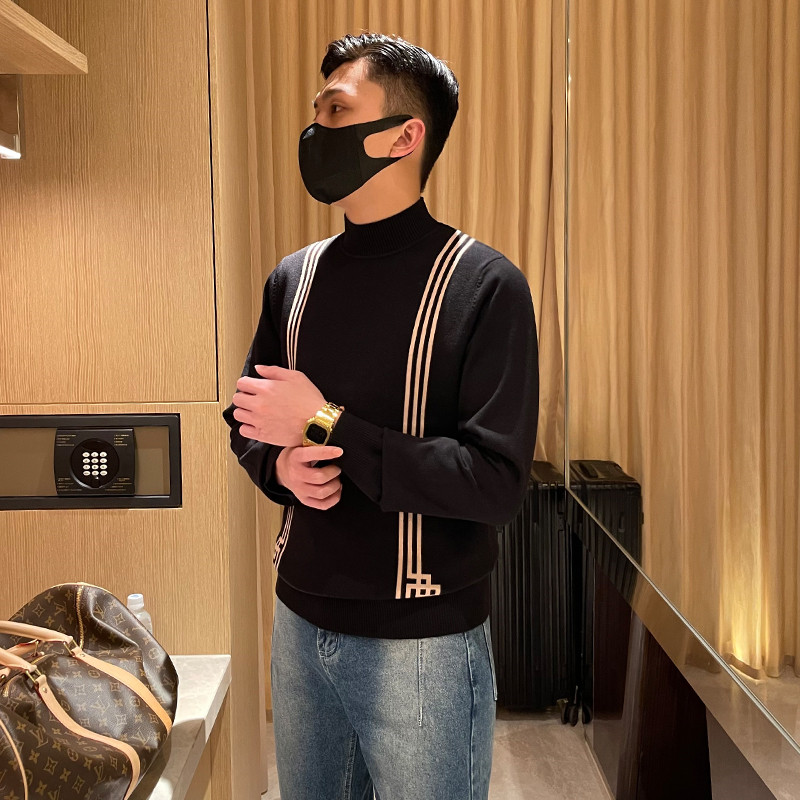 Autumn Winter Clothing Men's Warm Blouses Sweaters Sweaters Classic Vintage Comeback Art Hit Color Streaks Semi-High Collar Sweater Male