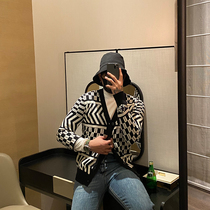 European and American autumn and winter mens irregular stitching sweater jacket youth popular black and white mature cardigan sweater tide