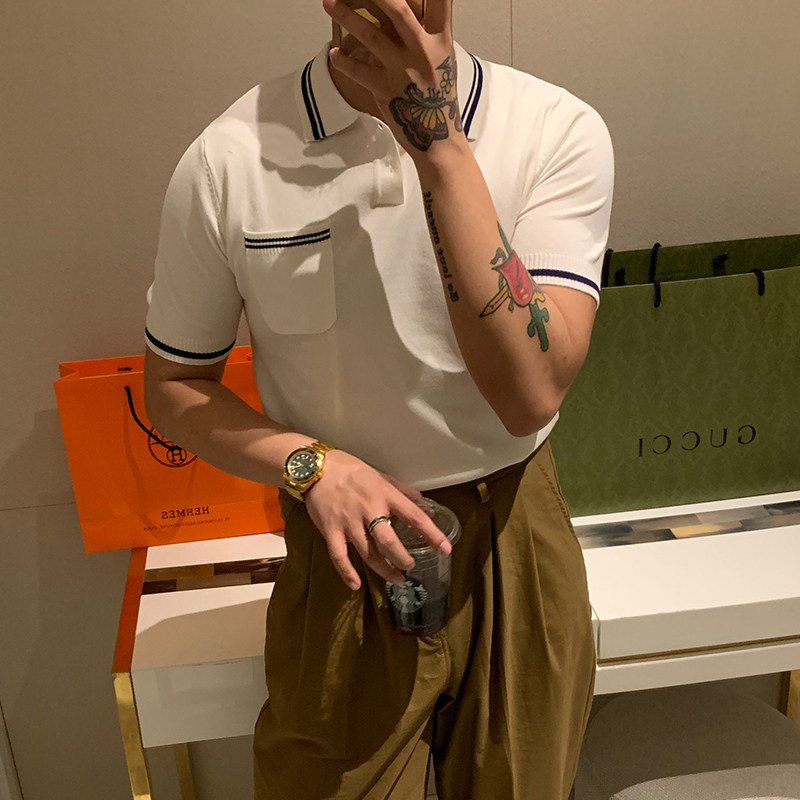 Short sleeve t-shirt male polo shirt minimalist casual light ripeny wind hit color 100 hitch-knitted sweatshirt temperament turtlenect T-shirt