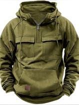 2024新年男士秋冬连帽青年卫衣男士工装纯色休闲卫衣多口袋上衣