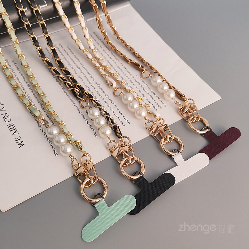 Crossbody Pearl Chain Phone Lanyard for Women ins Chanel-Style Long Neck Strap Universal Phone Case Strap Metal Chain Bag Chain Nordic Style Phone Strap New Model