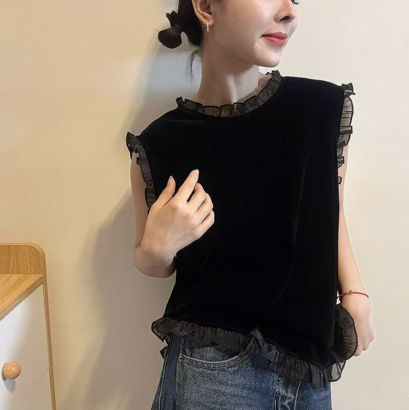 Black Velvet Top with Lace Trim, European Style, 2026 Summer New Model, Stand Collar, Elegant Sleeveless Shirt, Trendy Black Velvet Top with Lace Trim, European Style, 2026 Summer New Model, Stand Collar, Elegant Sleeveless Shirt, Trendy