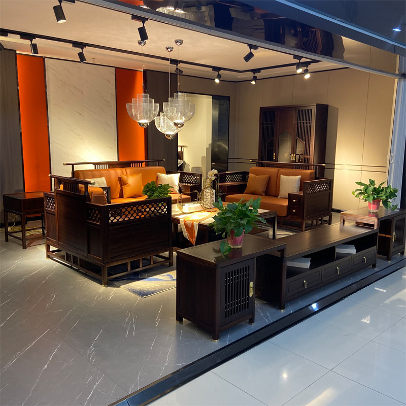 New Chinese-style solid wood sofa combination double luxury assembly ebony ebony wood carved tenon and tenon villa living room Zen