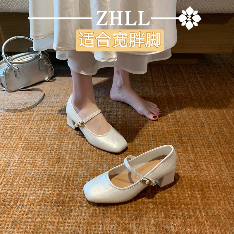 Large Size Women's Shoes with Widened Forefoot, French Mary Jane High Heels, New Silver Shoes, Square Toe, Chunky Heel, Shallow Mouth Single Shoes