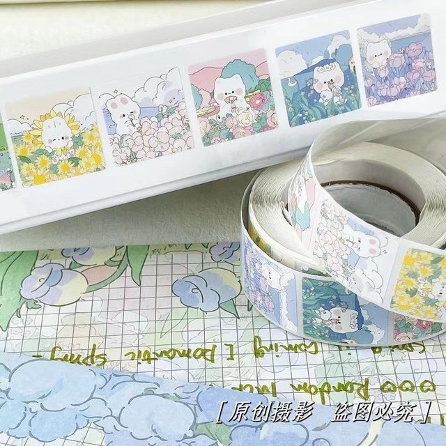 Cartoon cute lily of the valley rabbit tape sticker creative ins decorative seal sticker card wall sticker roll roll sticker 500 pieces