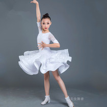 Childrens latin dance dress childrens latin dance performance clothing girls black pool high-end split lace standard clothing practice exercises