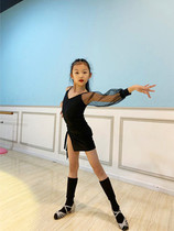 New Latin dance clothes girls childrens practice clothes childrens Latin dance clothes black mesh single-sleeved performance clothes class clothes