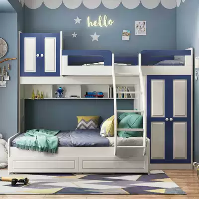 Solid wood high and low bed double bunk bed mother blue boy cross parallel dislocation children's room wardrobe combination bed