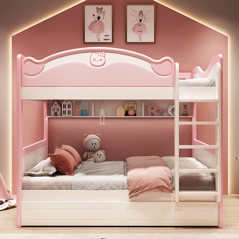 Children's solid wood high and low bed Girl Princess bunk bed 120 the same width double combination bed small apartment type two floors parallel