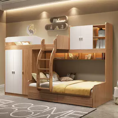 Nordic light luxury solid wood high and low bed with wardrobe Double bunk small apartment cross misplaced parallel wardrobe combination