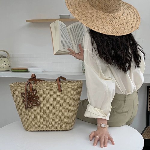 Брендовая вместительная и большая соломенная сумка на одно плечо, портативная универсальная пляжная сумка через плечо, в корейском стиле