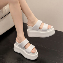 Hong Kong 12cm thick-soled slippers for women summer outer wear 2024 new high-heeled genuine leather small 10CM heightening sandals