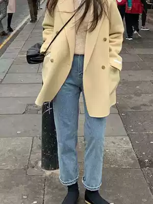 Hand stitched solid color double-sided cashmere coat women's short 2021 autumn and winter anti-season loose woolen wool jacket