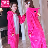 Flannel phim hoạt hình một bộ đồ ngủ nam và nữ mùa thu đông dày khủng long Pikachu bộ đồ ngủ động vật cặp đôi dịch vụ nhà đồ bộ nữ mặc nhà