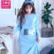 Váy ngủ cotton nữ V-line dài tay mùa xuân và đồ ngủ mùa thu phục vụ tại nhà cotton mùa xuân thu đông dễ thương cổ tròn áo đầm mặc ở nhà