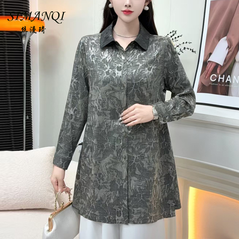 Shirt Collar Top, Long Sleeves, Mid-Length, Regular Shoulder, Loose Fit, Plus Size, Summer, Middle-Aged and Elderly Mothers, Tummy-Covering, Floral Cardigan