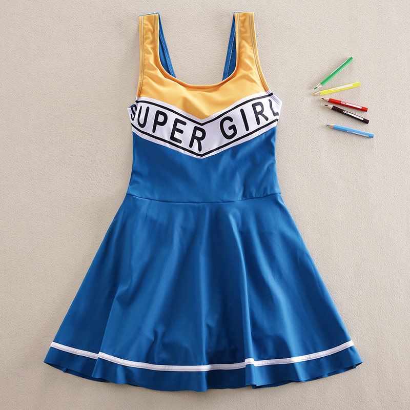 2020 new girl's one-piece swimsuit skirt-style CUHK Four-corner Pants Swimsuit Student 12 Children Swimsuit 15 years old