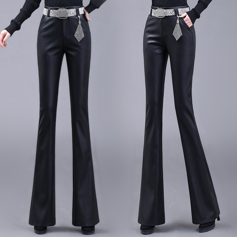 Black Pu Leather Pants for Women, 2026 New Spring High-Waisted Korean Style, Stylish and Slimming Matte Flared Pants