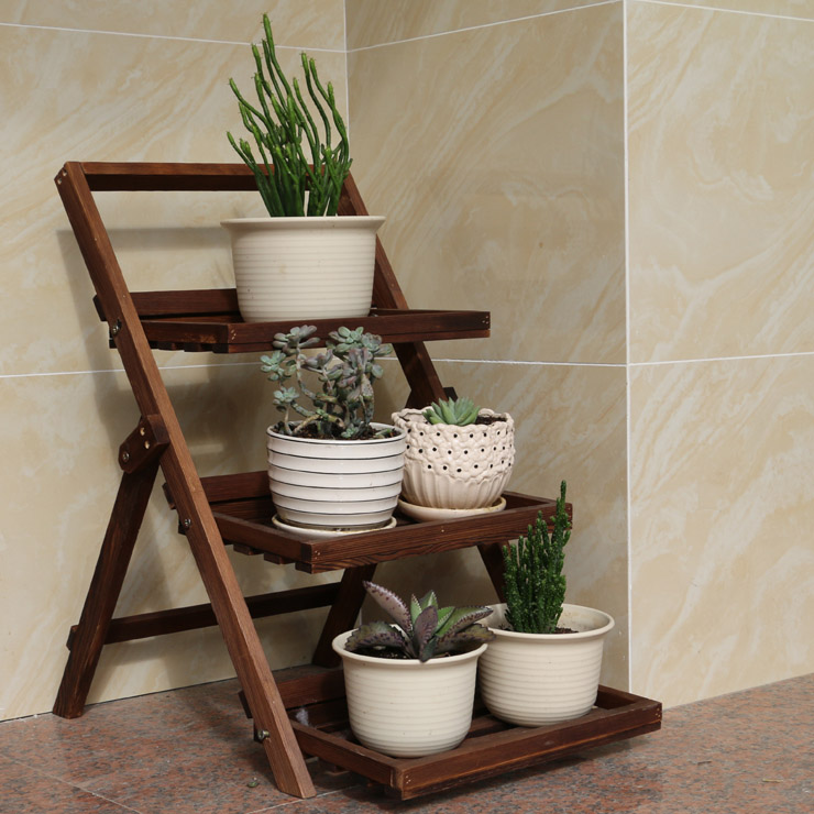 Folding charred wood flower shelf Multi-meat flower shelf solid wood multilayer flower shelf Balcony Meat Vegetal Shelf Triple Flower Shelf