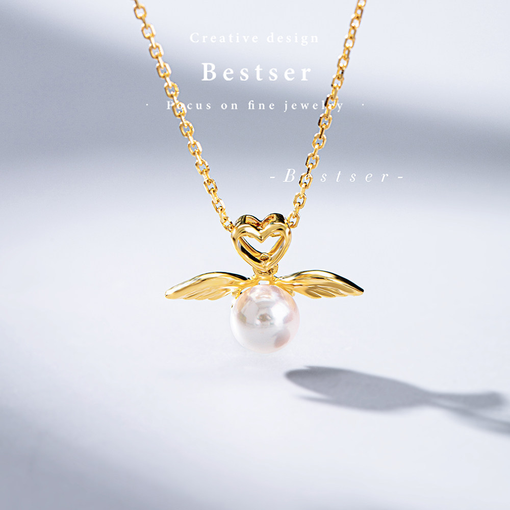 Bison Bestser (Cupid) 18K Gold Inlaid AKOYA Seawater Pearl Pendant Necklace Little Angel