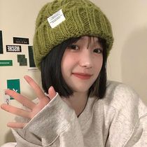 2023 hat children coarse knit wool line cap autumn winter 100 hitch a big head circumference green loos with a small damp face