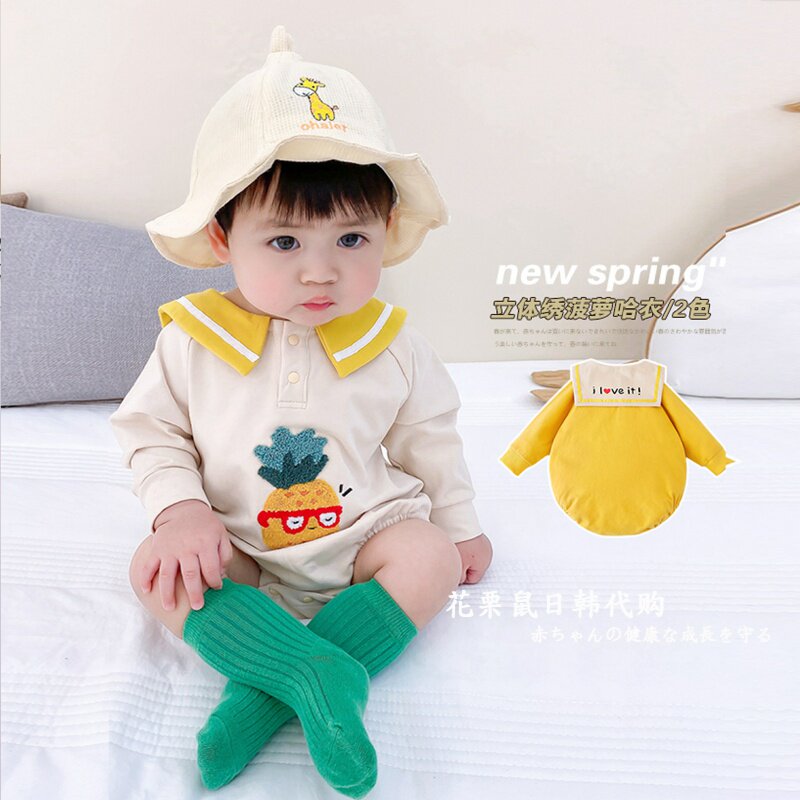 Japanese baby clothes boy baby jumpsuit spring and autumn outer wear baby cotton lapel cartoon romper