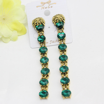 Korean version of the new retro Yang power Tongo Tidal Lion Head Tiger Head Green Gem long Earrings Earrings Temperament Earrings Earrings