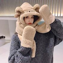 Cap children Winter scarves around the neck Three sets of sleeves one-piece Korea Winter hairy hat winter big face with small face