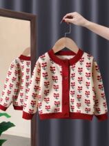 Female treasure red sweater small children jacket Girl 2021 new girl autumn and winter style gush cardiovert children Korean version