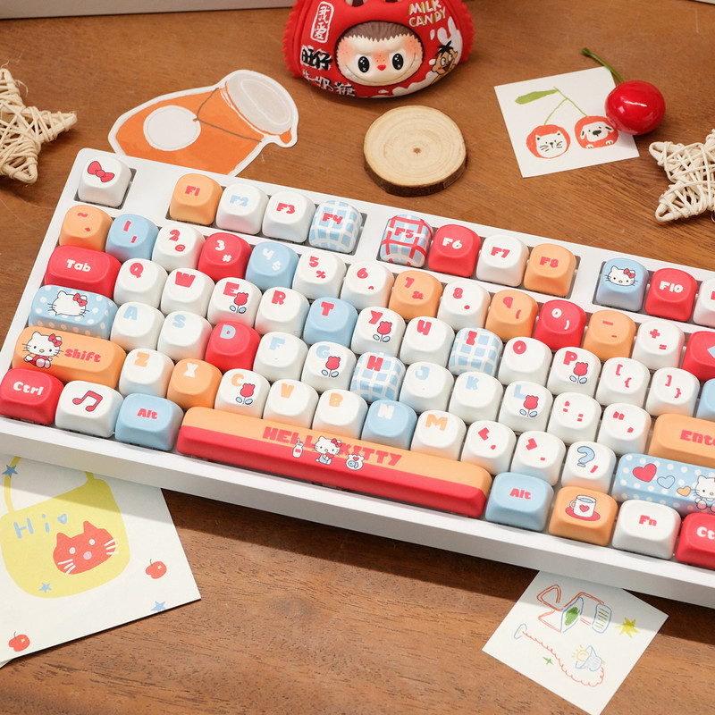 Hello Kitty Themed Mechanical Keyboard, Customizable, Wired, Wireless, Bluetooth, Three-Mode, Rgb Translucent