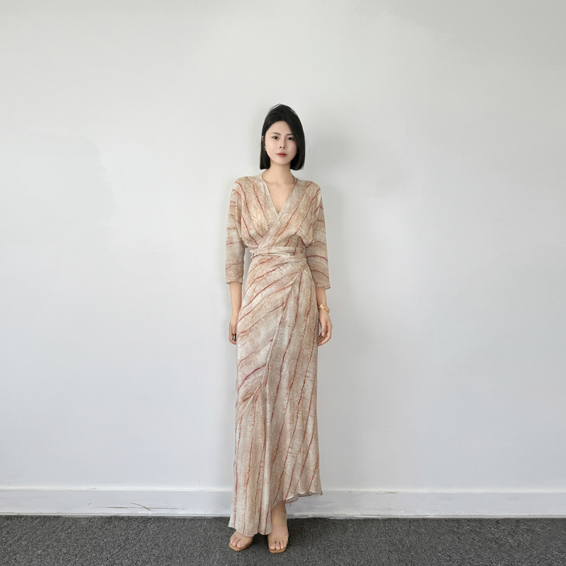 2026 Summer Elegant Slim Fit Tie Silk V-Neck Wrap-Style Asymmetrical Hem Gradient Pink Dress for Women